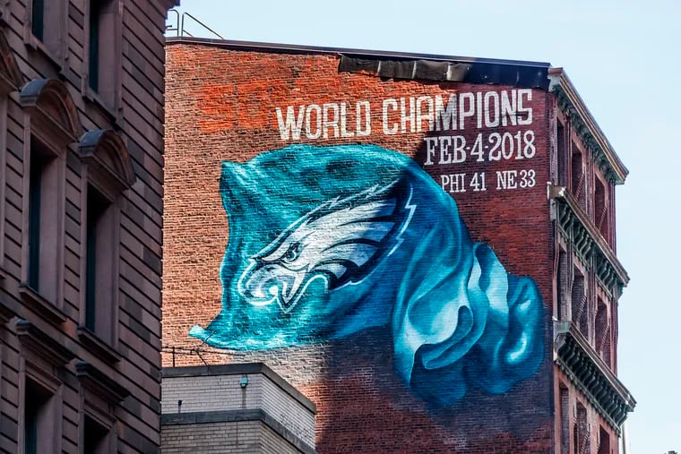 A championship Eagles mural is painted on a building in the 1300 block of Sansom Street on Sept. 4, 2018.