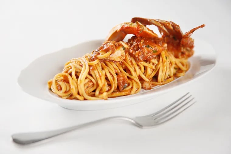 Spaghetti alla chitarra with crab is pictured at chef Joe Cicala's restaurant, Cicala at the Divine Lorraine, in Philadelphia on Thursday, July 23, 2020.