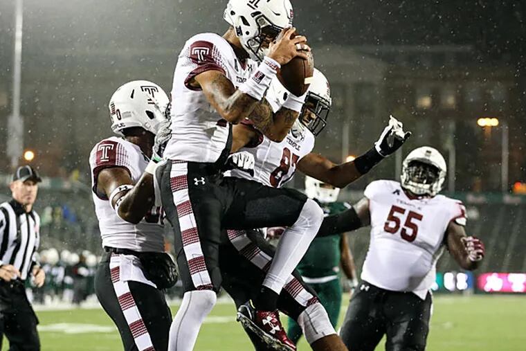 Temple Owls wide receiver Robby Anderson (19) celebrates his touchdown during the second half against the Charlotte 49ers at Jerry Richardson Stadium.