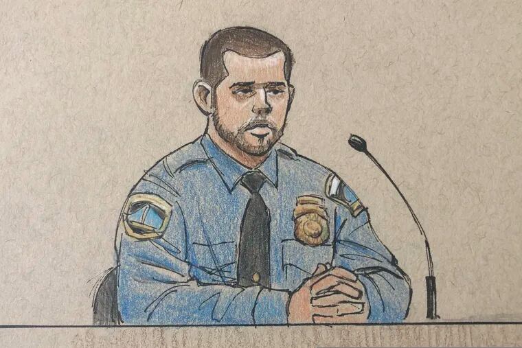 This courtroom sketch depicts Minneapolis police officer Matthew Harrity as he testifies Thursday, April 18, 2019, in Minneapolis, Minn., during the murder trial of former Minneapolis police officer Mohamed Noor, his former partner, who fatally shot an unarmed Australian woman, Justine Ruszczyk Damond, in July 2017, after she called 911 to report a possible sexual assault behind her home. Harrity testified Thursday that he heard a thump on the officers' squad car right before the shooting and feared a possible ambush. Harrity's testimony echoed Noor's claim that he was startled by a noise and feared ambush when he fired a single shot killing Damond. (Cedric Hohnstadt via AP)