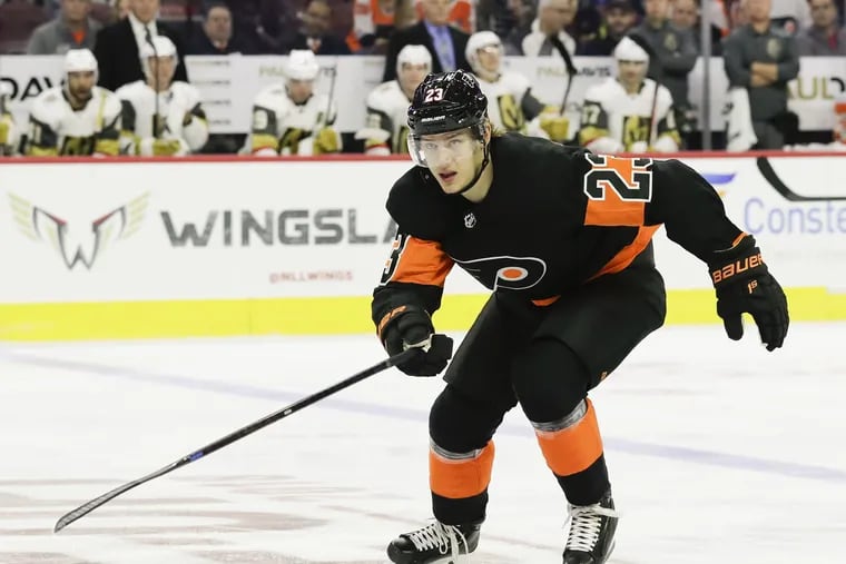 Flyers left winger Oskar Lindblom skates against the Vegas Golden Knights on Saturday before being injured in the third period. Vegas won, 1-0.