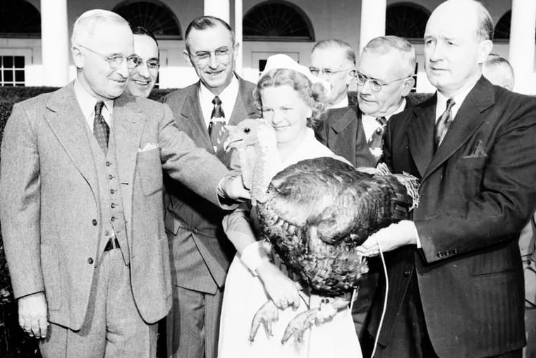 President Harry Truman receives a Thanksgiving turkey at the White House in 1947.