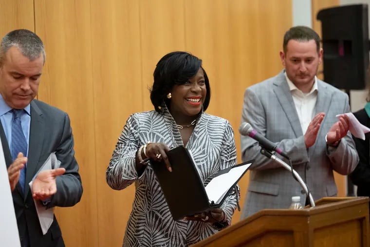 Mayor Cherelle L. Parker speaks at a news conference last month alongside union leaders. She is unveiling her first budget proposal this week, a major opportunity for the new mayor to advance her agenda.