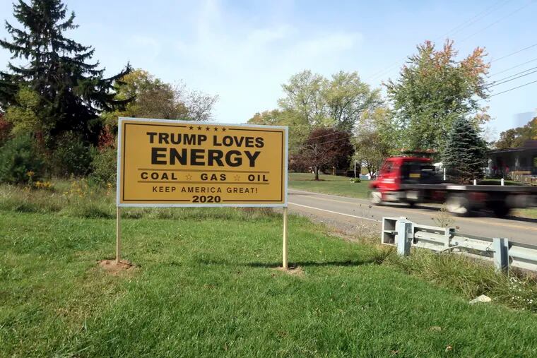 A sign supporting President Donald Trump for re-election is on a roadside in Valencia, Pa., on Wednesday, Oct. 14, 2020.