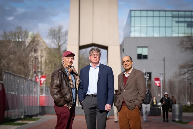 Eric Borguet (from left), professor of chemistry; Steve Newman, associate professor of English; and Mohammad F. Kiani, professor of mechanical engineering, recently made a presentation to Temple University's faculty senate, outlining their concerns about the university's enrollment decline and direction.