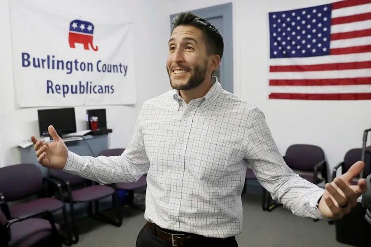 NJ 8th District Assemblyman Ryan Peters (R) reacts after he and his running mate Jean Stanfield won their race for 8th Dist. Assembly. They were watching the returns at the Burlington County Republican Committee Office in Mount Holly on November 5, 2019.