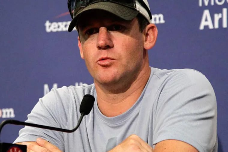 Roy Oswalt speaks during a news conference, Thursday, May 31, 2012, in Arlington, Texas. Oswalt, who has agreed to a minor league baseball deal with the AL West-leading Rangers, is scheduled to make his first start for Triple-A Round Rock on Saturday. (Tony Gutierrez/AP file)