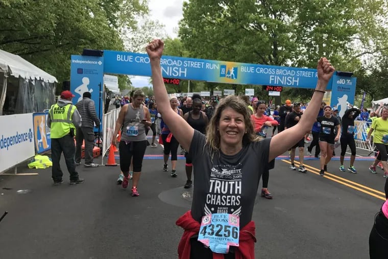 Jane M. Von Bergen at the finish line after completing the Broad Street Run on May 7, 2017. Now she is at the finish line of her 35-year-career at the Philadelphia Inquirer, Daily News, and philly.com.