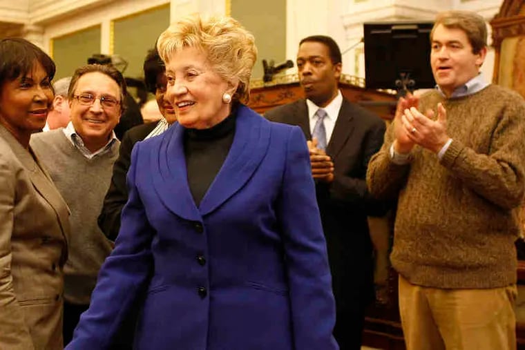 Philadelphia City Council members applauded Anna Verna in 2011 after she announced she wouldn't seek another term. Verna, the first and so far only woman to serve as Council president, died Tuesday at age 90.