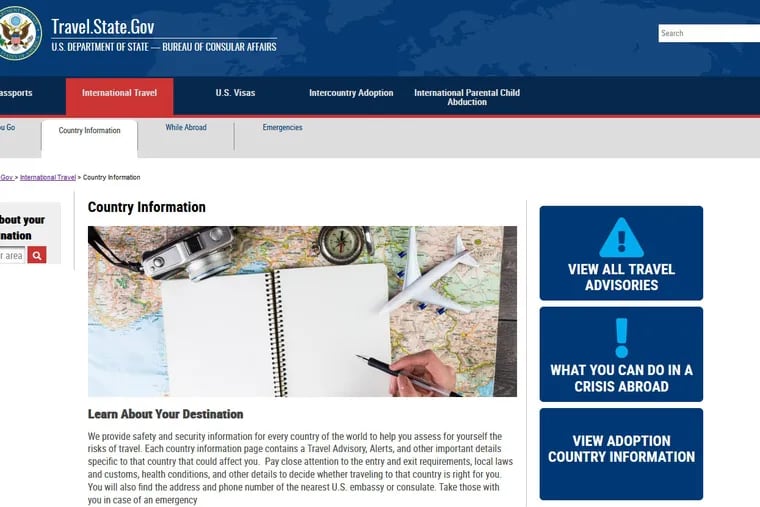 Screengrab of web page at U.S. Department of State website offering information for international travel.
