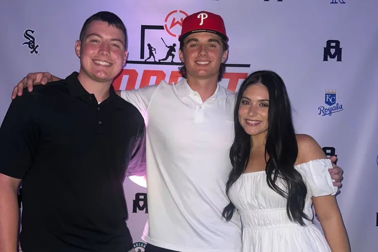 From left: Jackson Miller with Aidan and sister Olivia when Aidan was drafted by the Phillies in July.