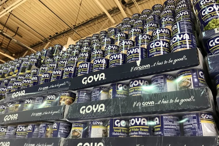 Stacks of Goya canned beans at Cousin's Supermarket on 5th and Berks streets in South Kensington.