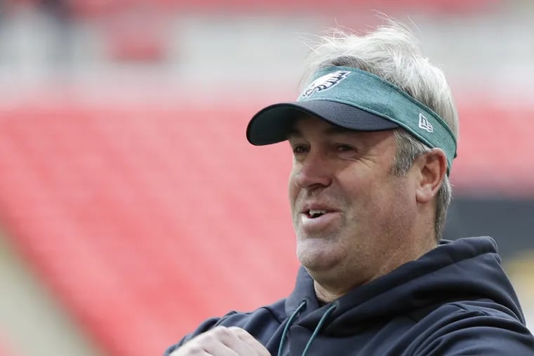 Eagles head coach Doug Pederson before the Eagles play the Jacksonville Jaguars at Wembley Stadium in London on Sunday, October 28, 2018. YONG KIM / Staff Photographer