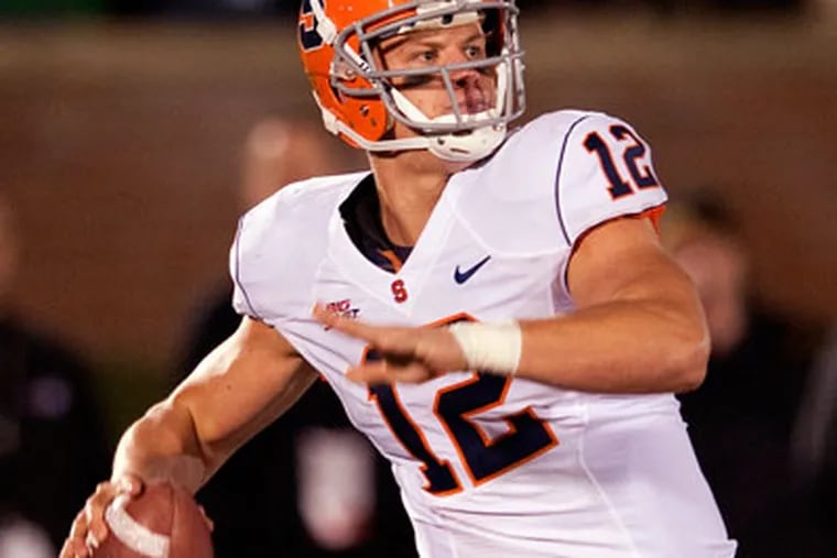 Syracuse quarterback Ryan Nassib throws a pass during the second half of an NCAA college football game against Missouri, Saturday, Nov. 17, 2012, in Columbia, Mo. Syracuse won 31-27. (AP Photo/L.G. Patterson)