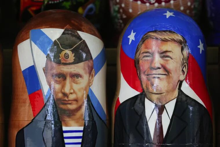 Souvenir matryoshka dolls depicting Russian President Vladimir Putin and President Trump at a tourist stall in St. Petersburg, Russia, in May.