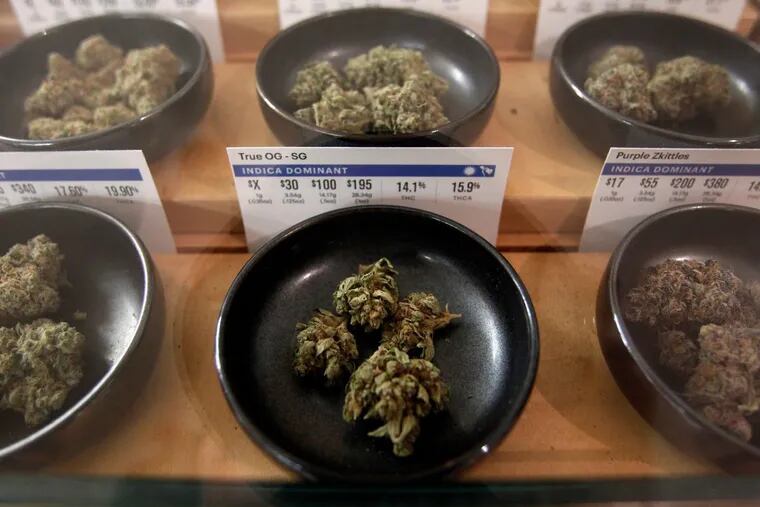 FILE-Different types of marijuana sit on display at a marijuana dispensary in Oakland, Calif.  (AP Photo/Mathew Sumner, File)