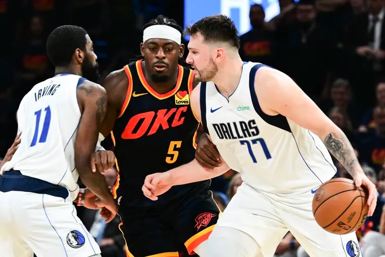 Luka Doncic #77 of the Dallas Mavericks moves against Luguentz Dort #5 of the Oklahoma City Thunder during the fourth quarter in Game Five of the Western Conference Second Round Playoffs at Paycom Center on May 15, 2024 in Oklahoma City, Oklahoma. (Photo by Joshua Gateley/Getty Images)