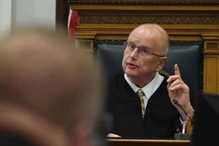 Judge Bruce E. Schroeder admonishes Assistant District Attorney Thomas Binger, not pictured, during the Kyle Rittenhouse trial at the Kenosha County Courthouse on Wednesday in Kenosha, Wisc.