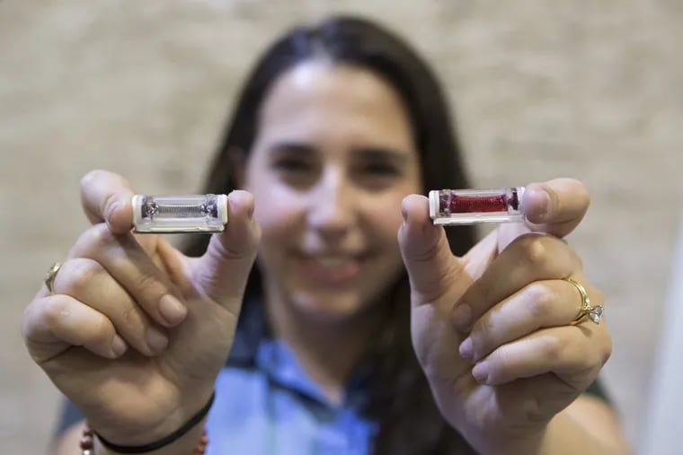 Tozuda LLC CEO Jessie Garcia with shows her company’s non-electric, red-dye based head-impact sensors before (left) and after (right) a substantial blow.