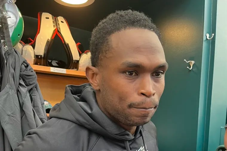 Julio Jones arrived to the Eagles locker room on Wednesday after signing with the team.