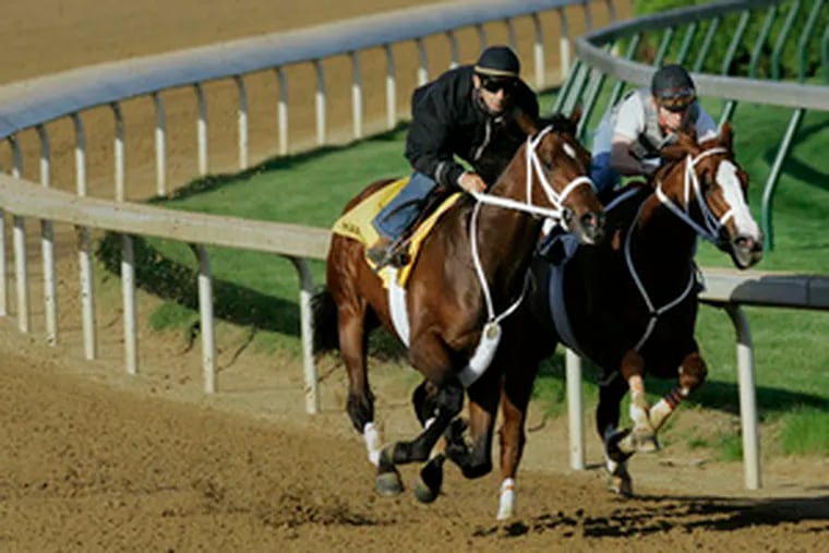 Hard Spun (left), with Mario Pino riding, working out with Wildcat Bettie B. Last year, Pino picked the worst possible time to be hurt.
