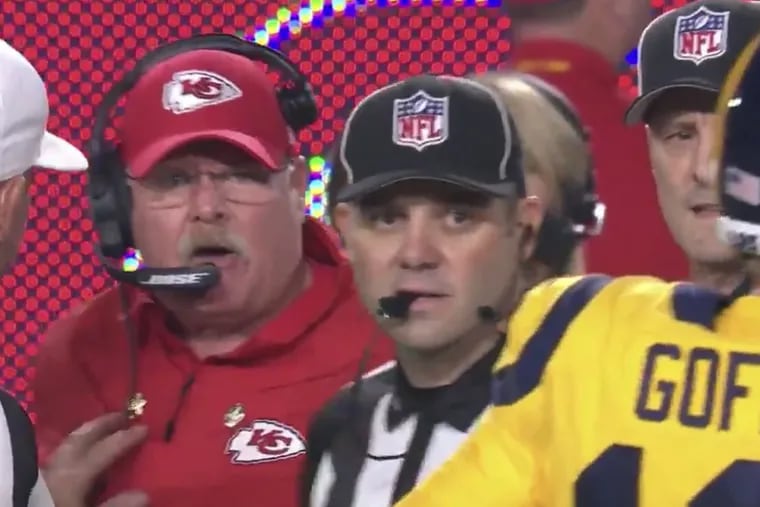 Kansas City Chiefs head coach Andy Reid yells at Los Angeles Rams quarterback Jared Goff during the second quarter of last night's "Monday Night Football" matchup.