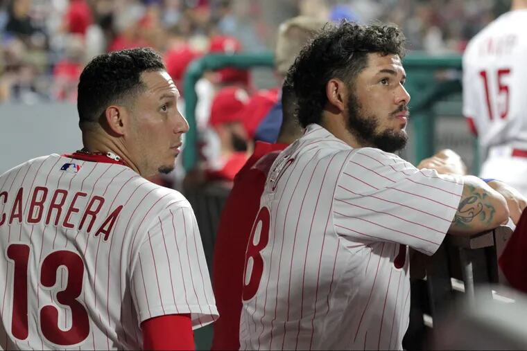 Asdrubal Cabrera and Jorge Alfaro in the dugout during a recent game for the free-falling Phillies.