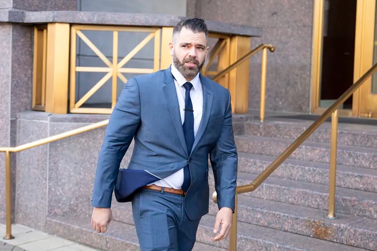 Mark D’Amico exits the U.S. Courthouse in Camden, N.J., on Thursday after his arraignment on a new set of federal fraud and money laundering charges.