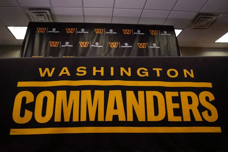 The Washington Commanders football team's name and logo is seen at the NFL football team's facility in Ashburn, Va.,