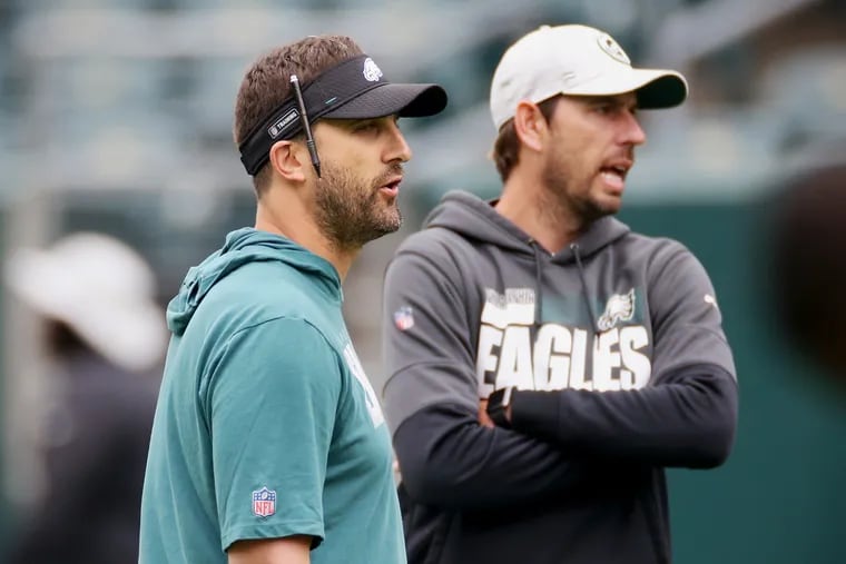 Eagles head coach Nick Sirianni (left) stands with offensive coordinator Shane Steichen during practice at Lincoln Financial Field in South Philadelphia on Friday, June 4, 2021.