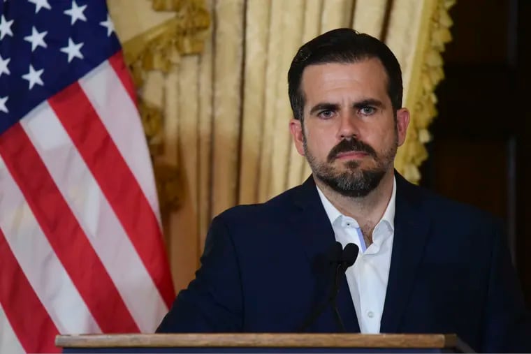 Puerto Rico governor Ricardo Rossello holds a press conference, almost two days after federal authorities arrested the island's former secretary of education and five other people on charges of steering federal money to unqualified, politically connected contractors, in San Juan, Puerto Rico, Thursday, July 11, 2019. At the time of the arrests, Rossello was in the middle of a family vacation in France, which he canceled to travel back to the Island. U.S. Attorney for Puerto Rico Rosa Emilia Rodríguez said Gov. Ricardo Rossello was not involved in the investigation.