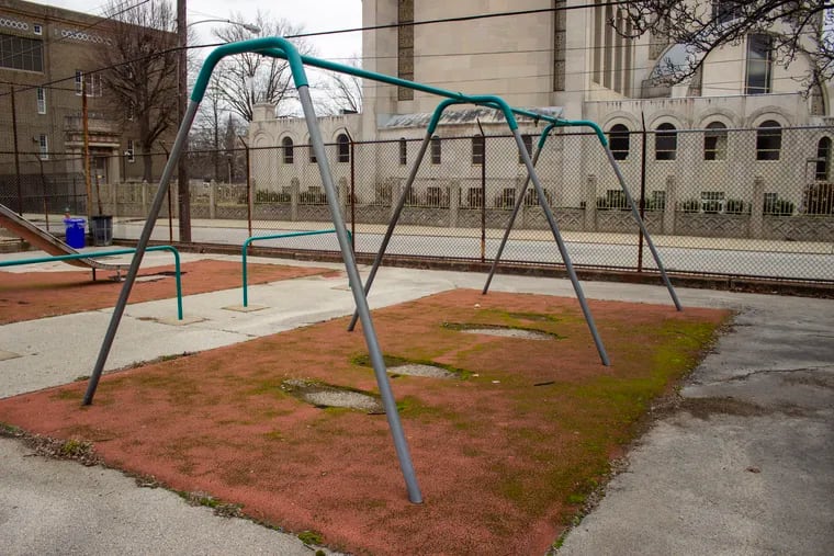 The swing set at East Poplar Playground has been without swings for years. Construction will begin this spring for a new playground and renovated athletic field at the site, supported by the beverage tax-funded Rebuild program.