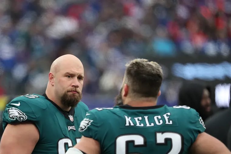 Eagles offensive tackle Lane Johnson, left, and center Jason Kelce were named to All-Pro teams on Friday.