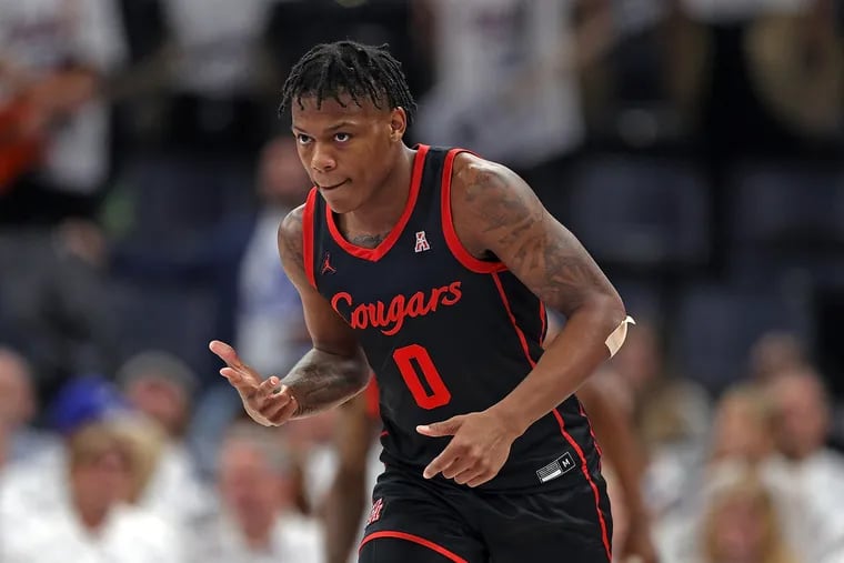 Marcus Sasser led Houston in scoring with 17.1 points per game this season. However, the senior guard injured his groin during the American Athletic Conference Tournament semifinals Saturday and is questionable for the NCAA Tournament. (Photo by Justin Ford/Getty Images)