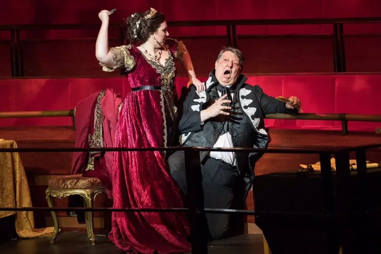 Tosca (soprano Jennifer Rowley) in a moment of displeasure with Scarpia (baritone Ambrogio Maestri) in Puccini's Tosca at the Kimmel Center.