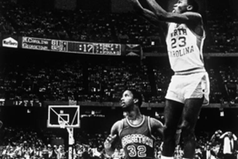 Michael Jordan, as a 19-year-old freshman , sinks the jump shot that won the 1982 national title for North Carolina. Current players have seen the clip but focus more on the goals at hand.