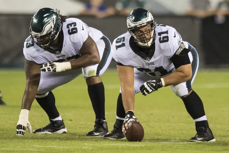 Guard Dallas Thomas (left), shown lining up next to center Stefen Wisniewski against the Bills on Aug. 17, fared well in his final tryout for the Eagles 53-man roster.