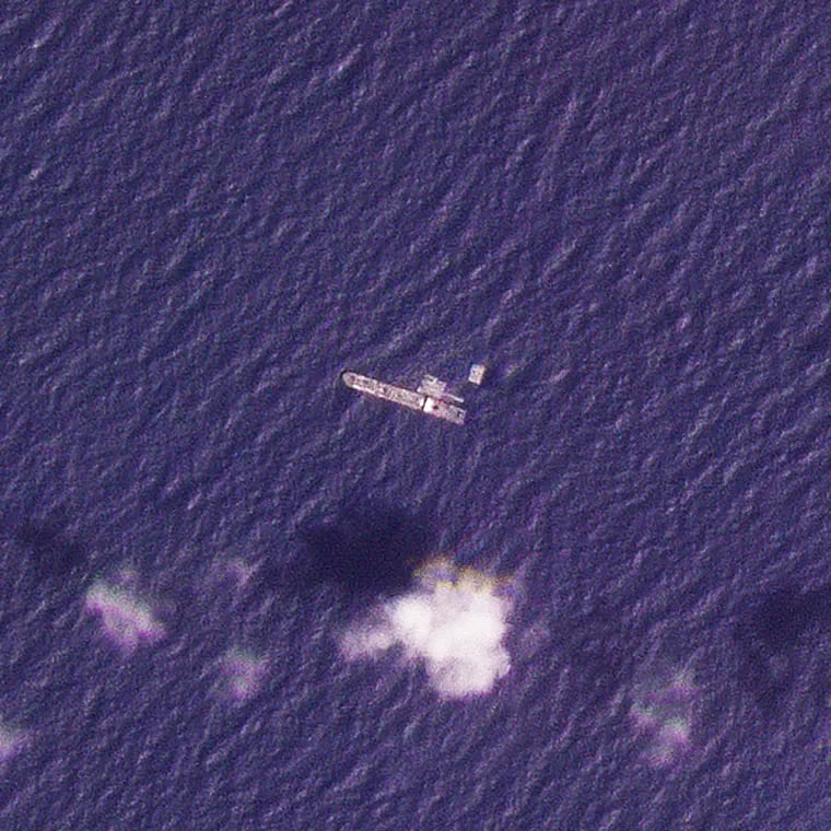 This satellite photo from Planet Labs PBC shows the USNS Roy P. Benavidez in the Mediterranean Sea off shore from the Gaza Strip on Saturday.