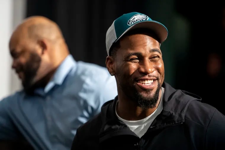 Haason Reddick speaks during his introductory press conference in the auditorium at the NovaCare Complex in South Philadelphia, Pa. on Thursday, March 17, 2022. Reddick, a former Temple star, signed with the Eagles as a free agent.