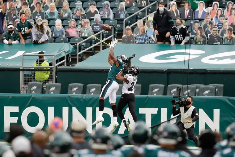 Eagles wide receiver Travis Fulgham couldn't make this catch in the end zone Sunday against the Ravens.