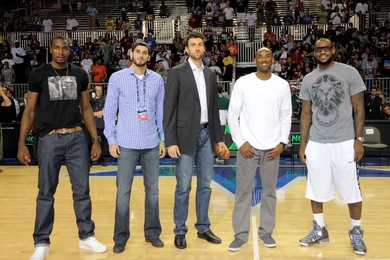 Los Angeles Lakers' Kobe Bryant, Miami Heat's LeBron James, Cleveland Cavaliers' Omri Casspi from Israel, Oklahoma City Thunder's Serge Ibaka from the Republic of Congo and Toronto Raptors' Andrea Bargnani from Italy, talk about the Sprite Uncontainable Game at the Slam Dunk Show Down during the 2012 NBA All-Star Jam Session on Friday, Feb. 24, 2012, in Orlando, Fla.