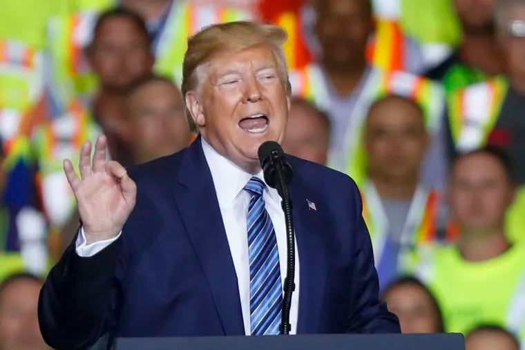 President Donald Trump speaks at the Pennsylvania Shell ethylene cracker plant Monaca, Pa., on Aug. 13, 2019.