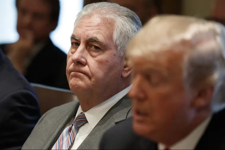 In this Jan. 10, 2018, file photo, Secretary of State Rex Tillerson listens as President Trump speaks during a cabinet meeting at the White House in Washington.