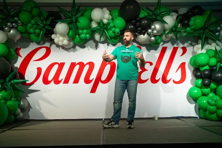 Jason Kelce at Campbell's headquarters in Camden for the launch of the Legend Edition Campbell's Chunky can.