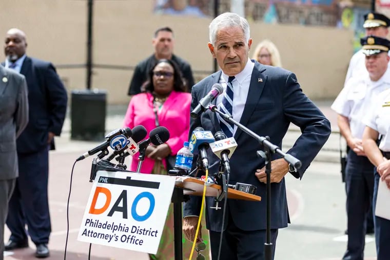 District Attorney Larry Krasner, opens up the press conference and introduces speakers to update the community about the recent shooting near Shepard Recreation Center, in Philadelphia, Pa., on Wednesday, August, 17, 2022.