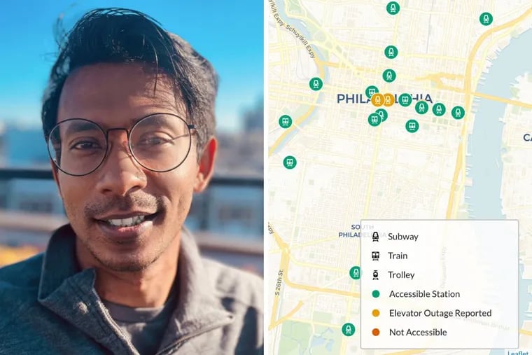 Ather Sharif (left) developed UnlockedMaps (screenshot right), which helps people with mobility issues track accessibility on public transit, including in Philadelphia.