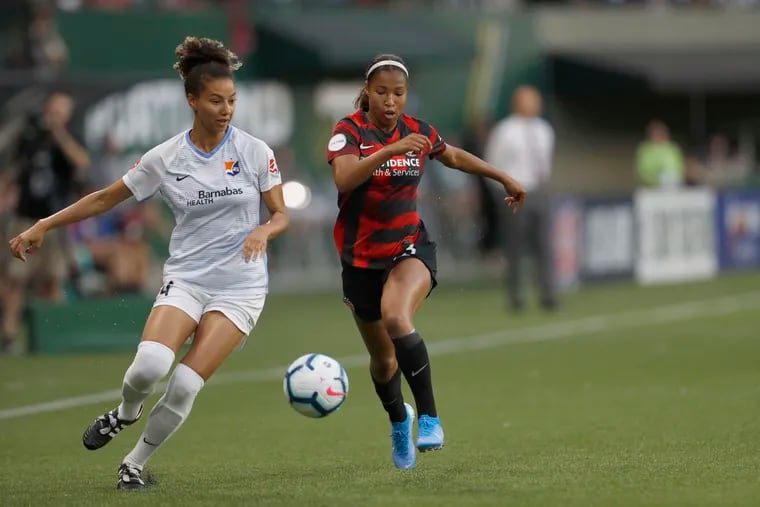 Margaret Purce (right) playing for the Portland Thorns against Sky Blue in a game in 2019.