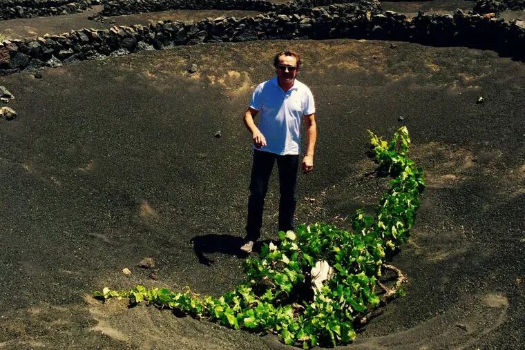 Winemaker Ignacio Valdera with one vine in a hole on ash-covered Lanzarote.