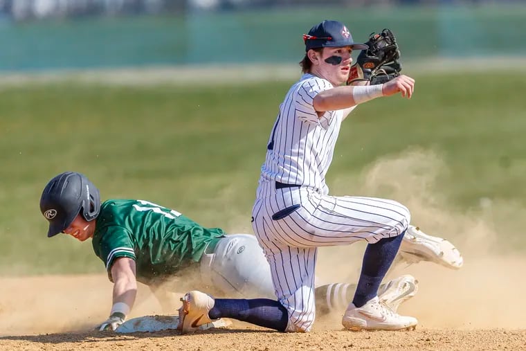 Holy Ghost Prep second baseman Greg Sylvester (right) tags out Dock Mennonite runner Nolan Bolton. Sylvester made the quick change from basketball to baseball recently.