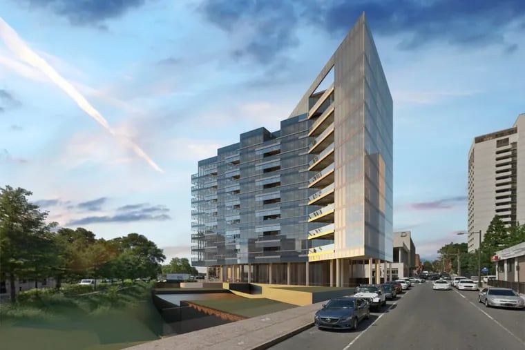 Artist’s rendering of 10-story apartment building planned on land behind the Benjamin Franklin Parkway’s Rodin Museum at 2100 Hamilton St.